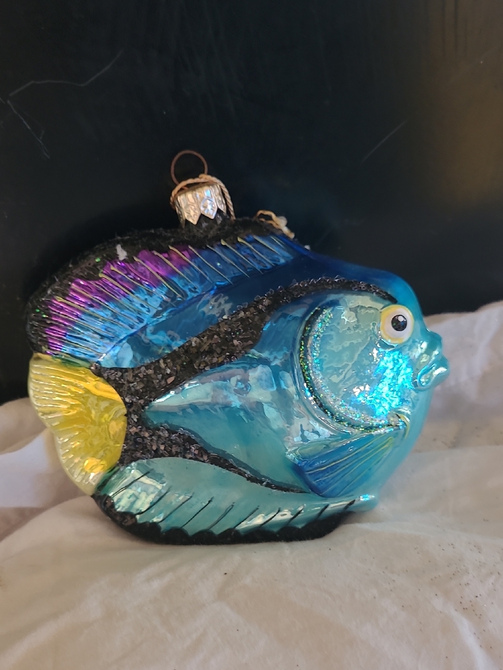 Kurt Adler Blue Glass Tropical Fish Ornament with Yellow Tail and Purple Accents
